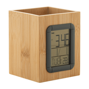 Bamboo pen holder with digital clock