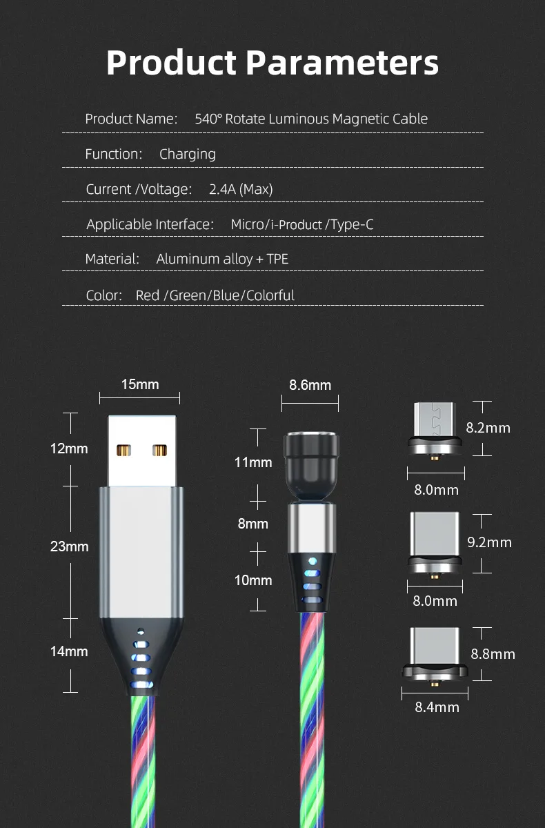 LED Growing Magnet Cable 2.4A Fast Charging USB Cable 180 Bending 360 Rotating Charging OEM Promotion Manufacturer 9 LED Growing Magnet Cable