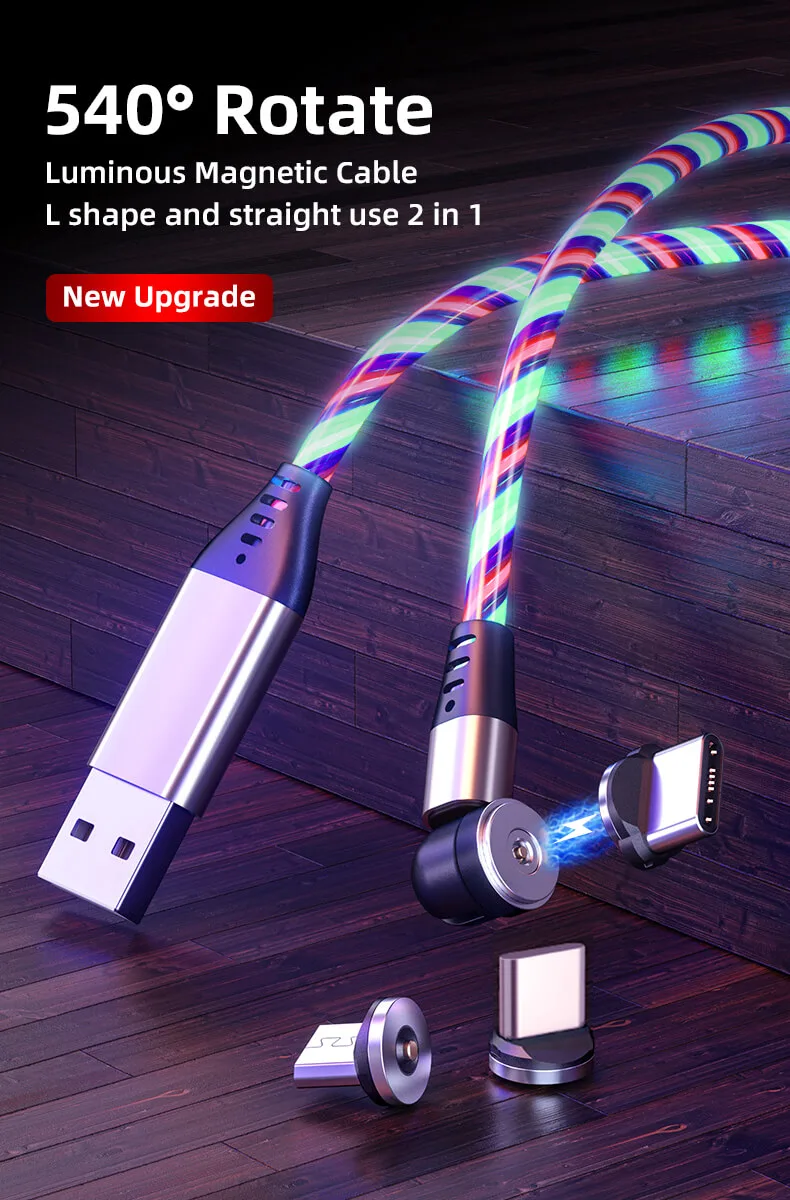 LED Growing Magnet Cable 2.4A Fast Charging USB Cable 180 Bending 360 Rotating Charging OEM Promotion Manufacturer 10 LED Growing Magnet Cable
