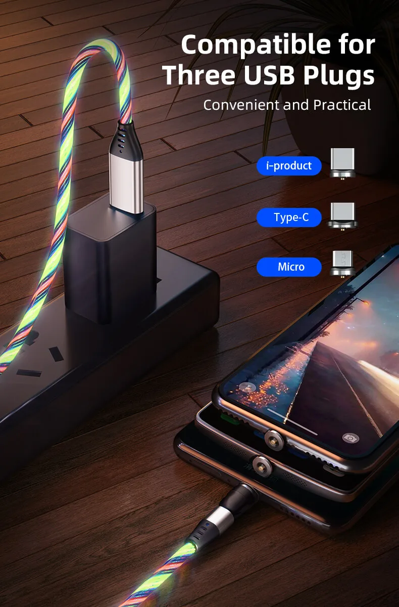 LED Growing Magnet Cable 2.4A Fast Charging USB Cable 180 Bending 360 Rotating Charging OEM Promotion Manufacturer 14 LED Growing Magnet Cable