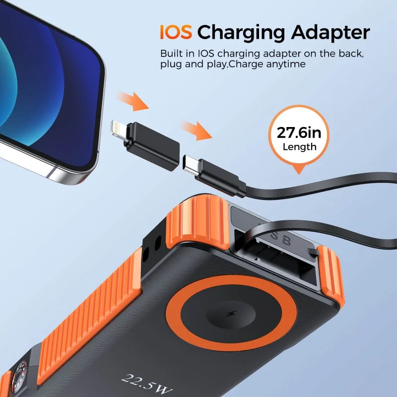 Solar Power Bank 20000mah 22.5W Fast Charging 15W Wireless Charging With 70cm Built-in Retractable Cable Private Lable OEM Manufacturer 14 Solar Power Bank 20000mah