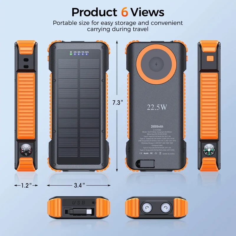Solar Power Bank 20000mah 22.5W Fast Charging 15W Wireless Charging With 70cm Built-in Retractable Cable Private Lable OEM Manufacturer 10 Solar Power Bank 20000mah