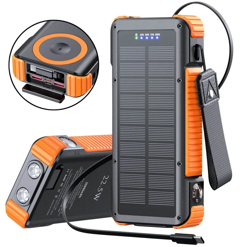 Solar Power Bank 20000mah 22.5W Fast Charging 15W Wireless Charging With 70cm Built-in Retractable Cable Private Lable OEM Manufacturer 9 Solar Power Bank 20000mah