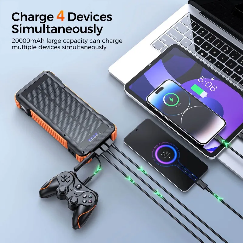 Solar Power Bank 20000mah 22.5W Fast Charging 15W Wireless Charging With 70cm Built-in Retractable Cable Private Lable OEM Manufacturer 12 Solar Power Bank 20000mah