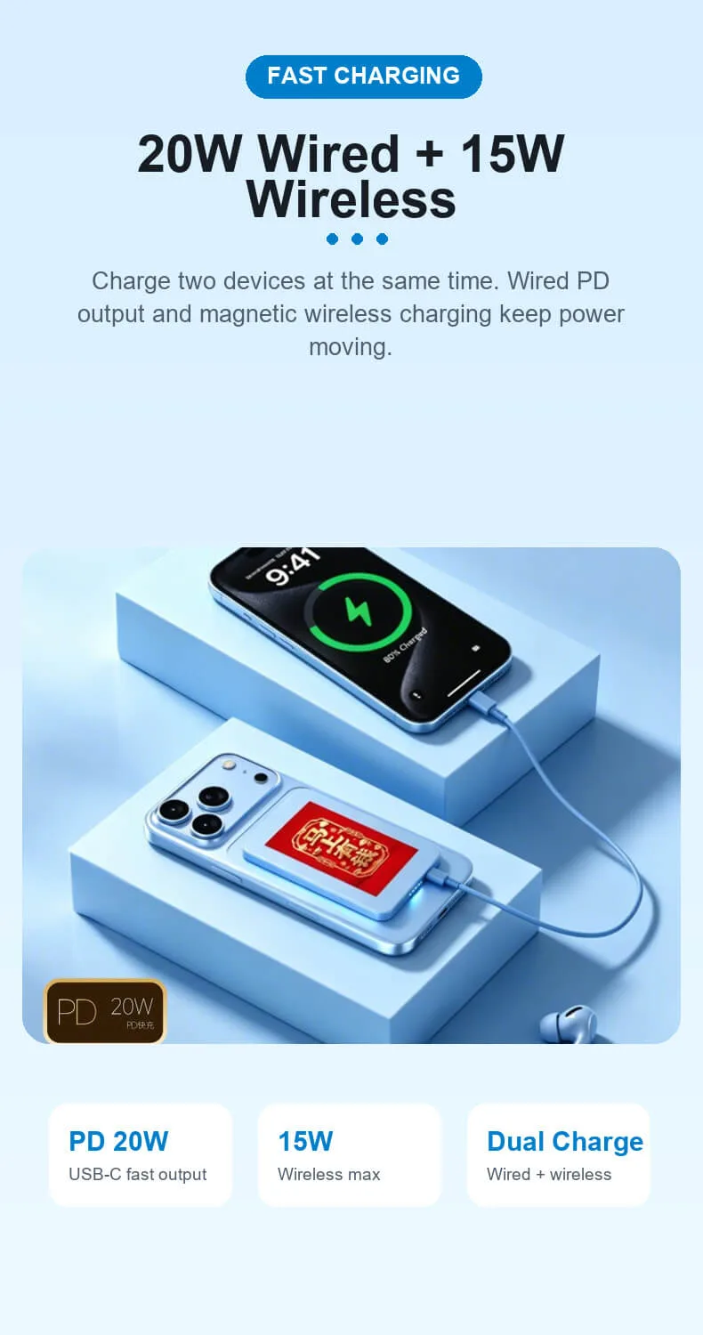 Smart E-Ink MagSafe Power Bank with AI Customizable Display PD20W Fast Charging OEM Custom Manufacturer 13 Smart E-Ink MagSafe Power Bank