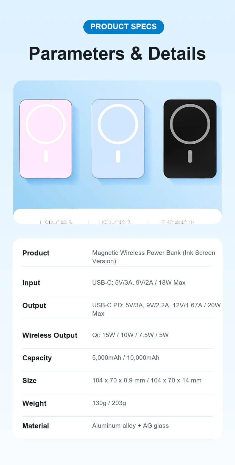 Smart E-Ink MagSafe Power Bank with AI Customizable Display PD20W Fast Charging OEM Custom Manufacturer 16 Smart E-Ink MagSafe Power Bank