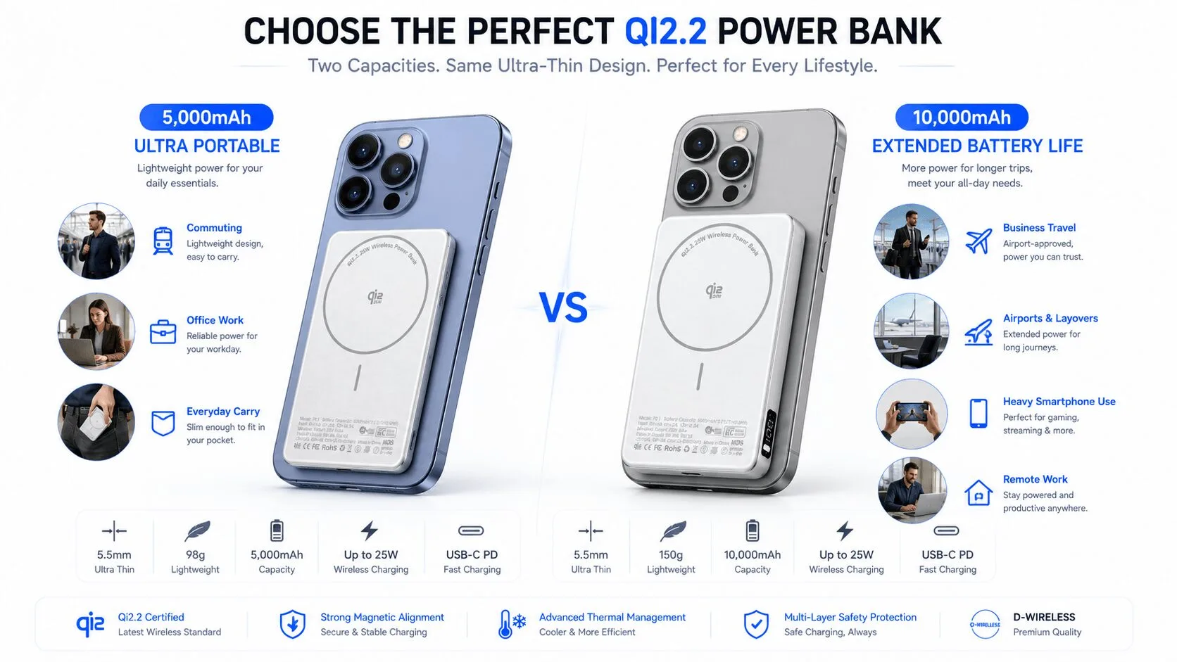 5000mAh vs 10000mAh Qi2.2 magnetic power bank comparison