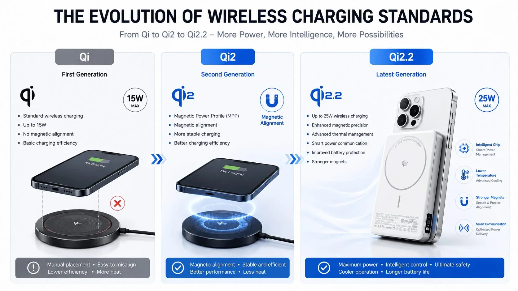 Comparison of Qi, Qi2 and Qi2.2 wireless charging technology