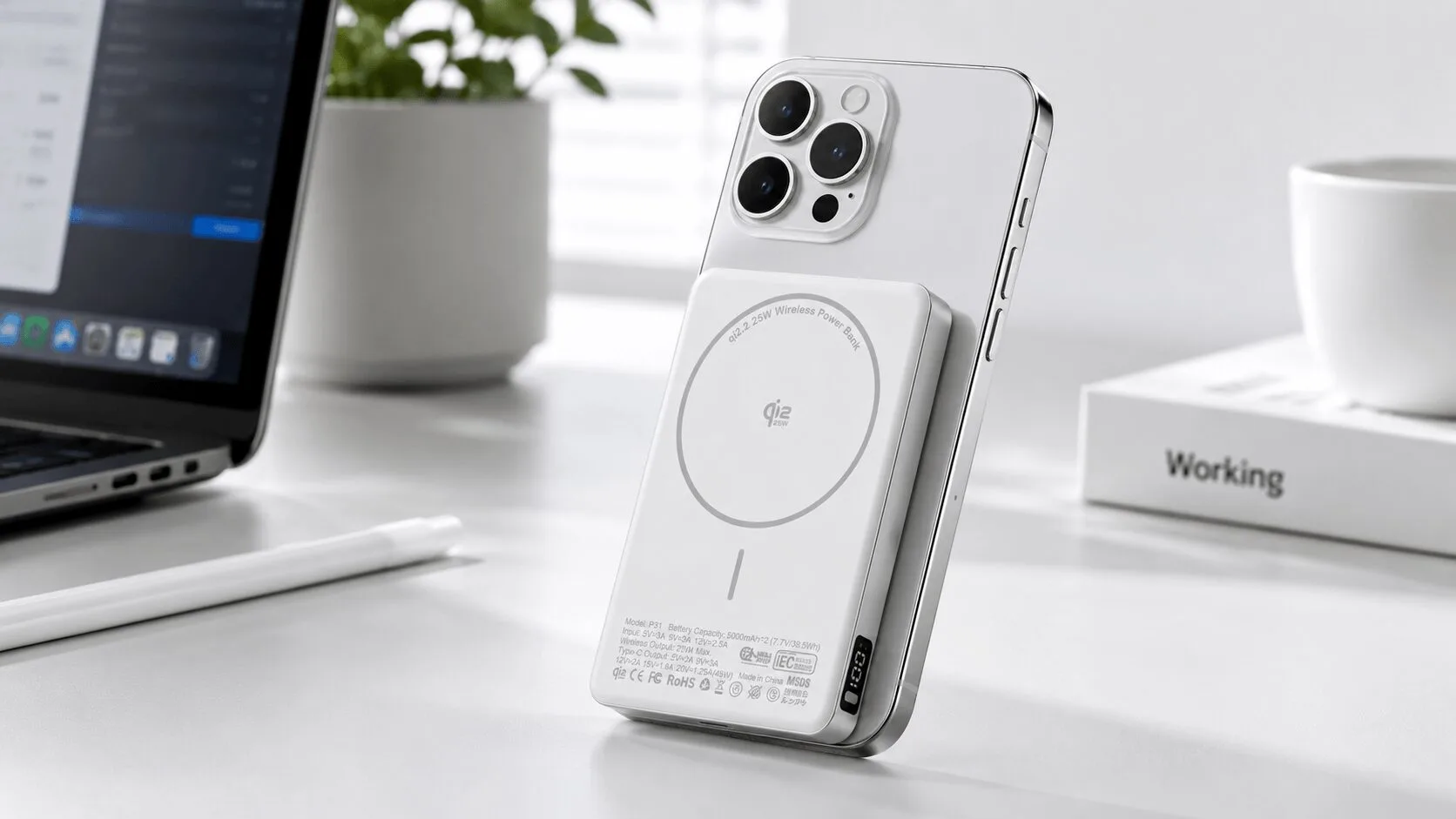 Qi2.2 magnetic power bank with 25W wireless charging attached to smartphone