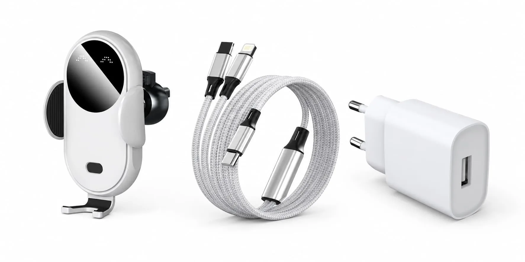 Car phone holder, braided charging cable and USB wall charger