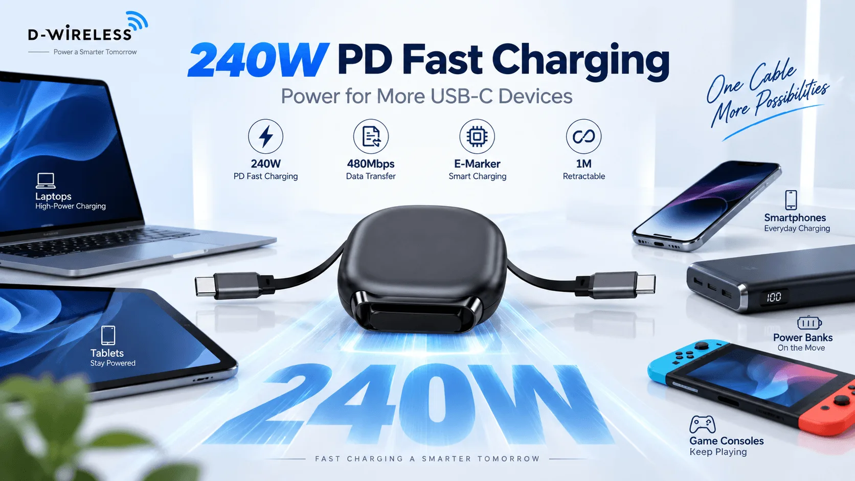 240W Retractable USB-C Cable with E-Marker USB-C PD Fast Charging OEM Manufacturer 15 240W Retractable USB-C Cable