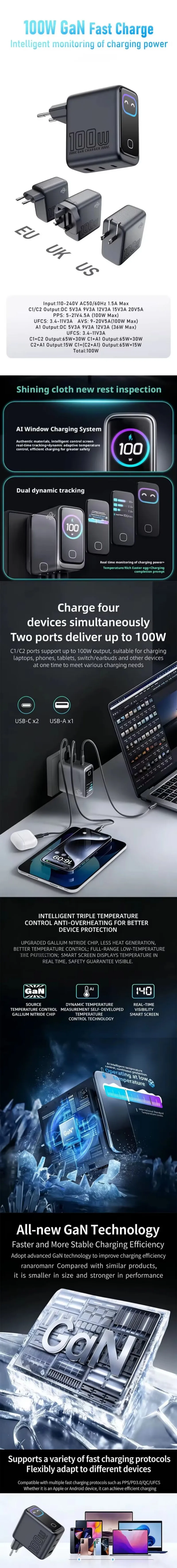 100W GaN Fast Charger with AI Smart Display –3-Port USB-C PD Charger OEM Manufacturer 9 100W GaN Charger with AI Smart Display