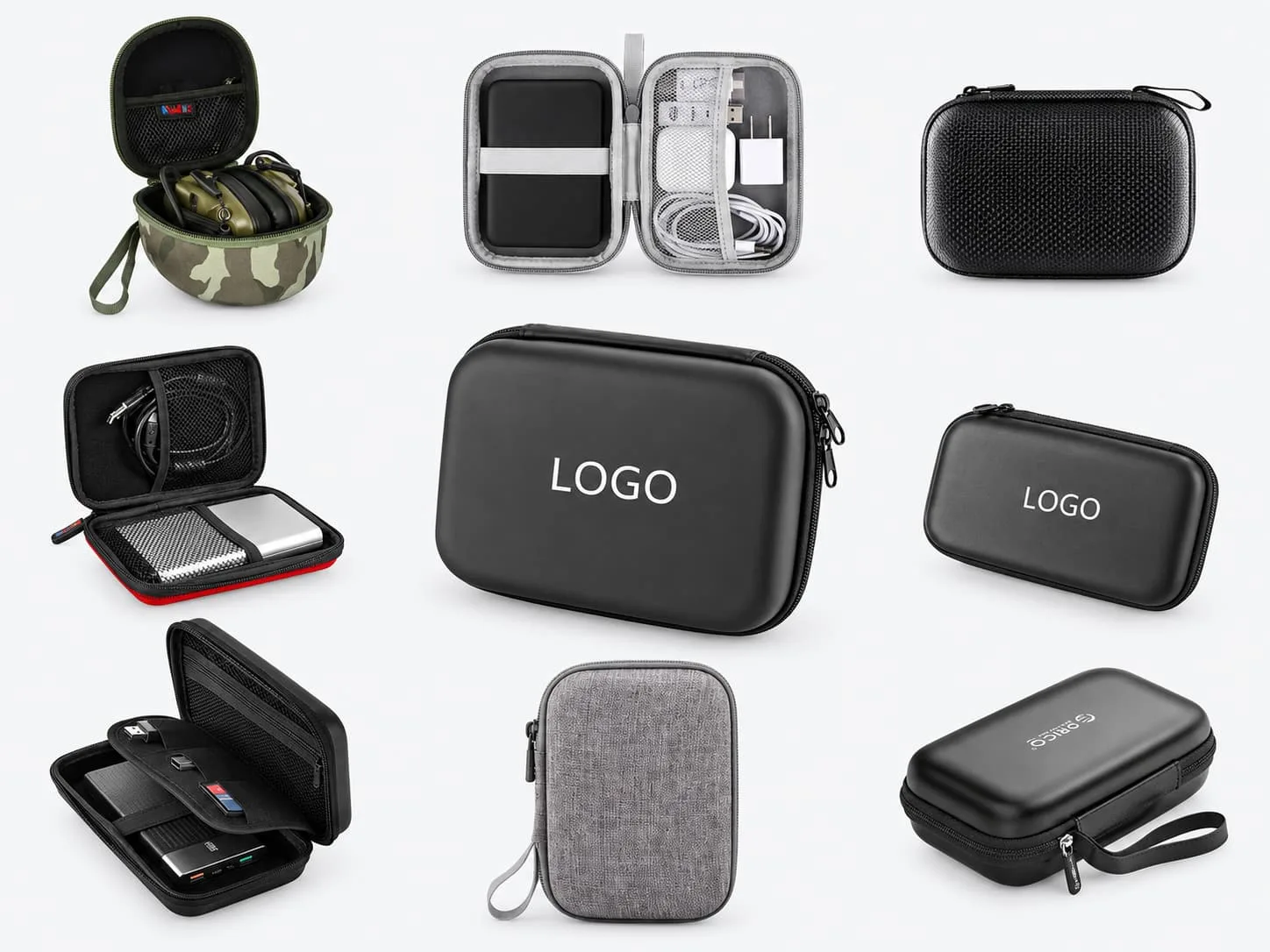 Assorted EVA zipper cases in different sizes and finishes shown open and closed on a light gray background