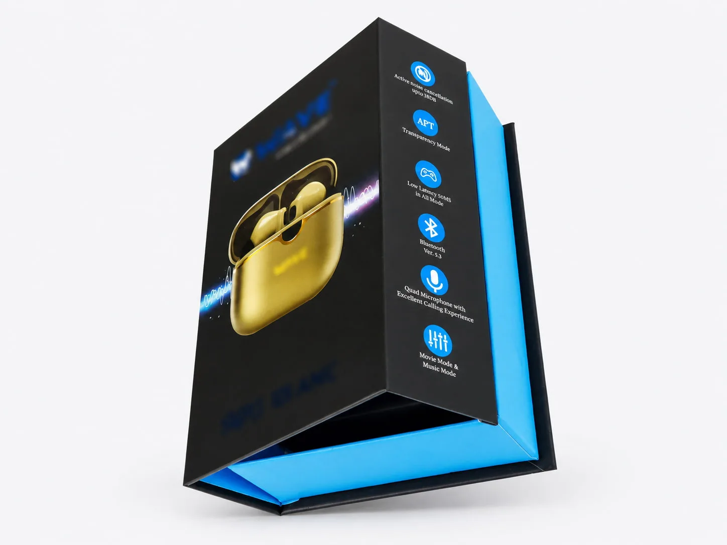 Black magnetic gift box with printed earphone graphics and a blue inner tray on a light gray background.