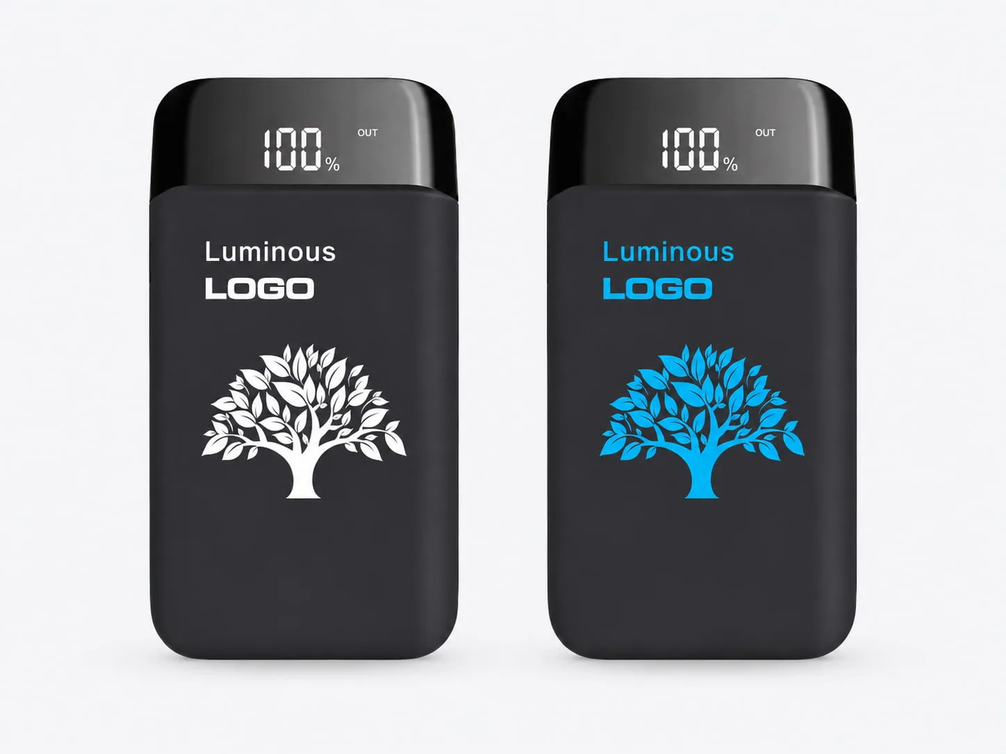 Black power banks with white and blue light-up tree logos on a light gray background.