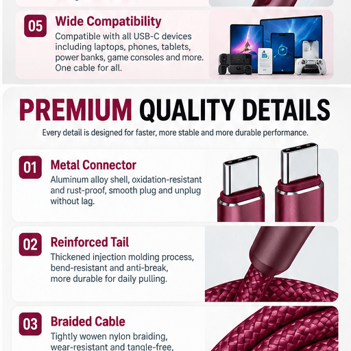 Burgundy Red 100W USB-C Cable 
