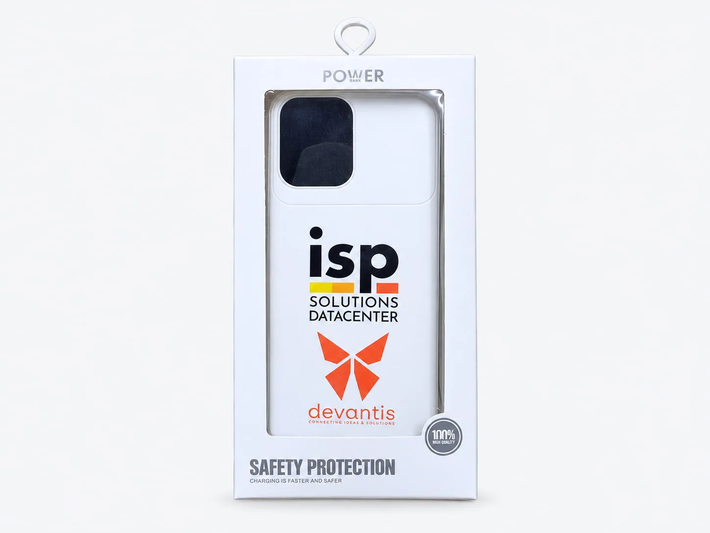 Custom UV color-printed logos on a white phone case in retail packaging against a light gray background.
