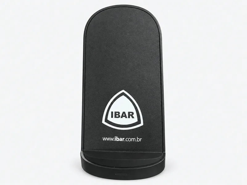 Custom silk-screen printed IBAR logo on a black mobile accessory with a light gray background