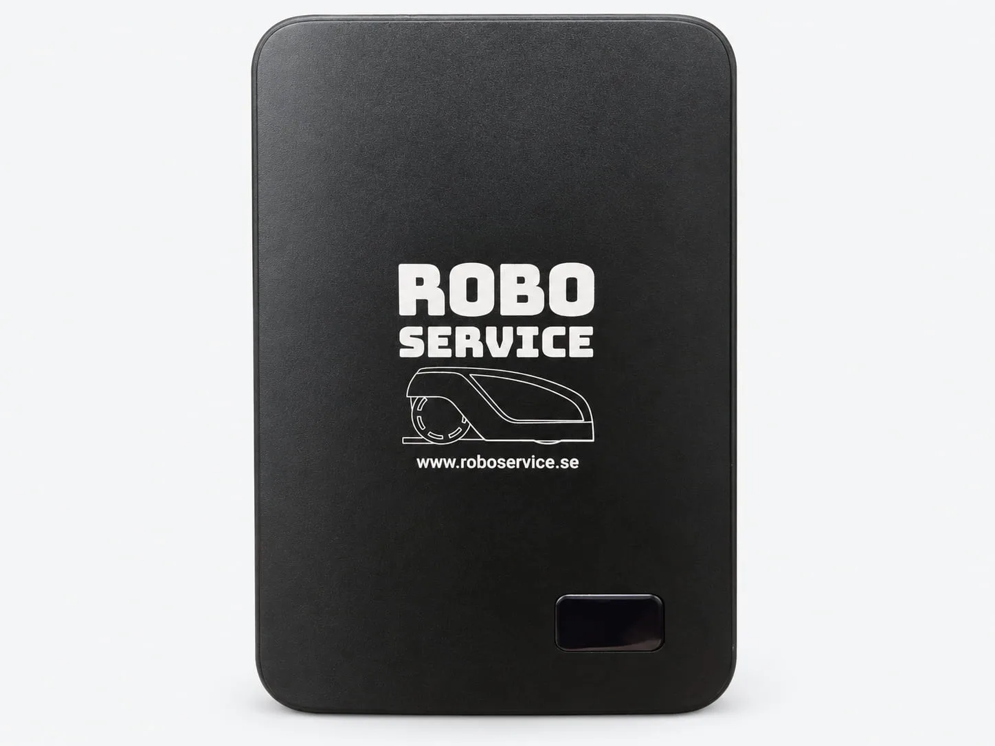 Laser-engraved ROBO SERVICE logo on a black mobile accessory against a light gray background.