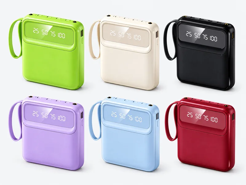 Power banks in six housing colors illustrating custom color options