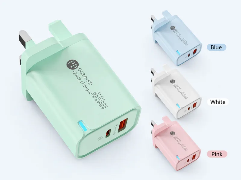 Wall chargers in mint green, light blue, white and pink on a very pale blue background